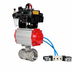 Кран шаровой BV3232P(4pc)-SP-3WL-T-ISO-H WDVF Ду32 Ру63 стандартнопроходной, 3-ходовой L-тип, внутренняя резьба, нержавеющая сталь AISI 316, PTFE, с пневмоприводом PA-DA-083, пневмораспределителем 4V320-08 AC220V, БКВ APL-410N EX и БПВ AFC2000