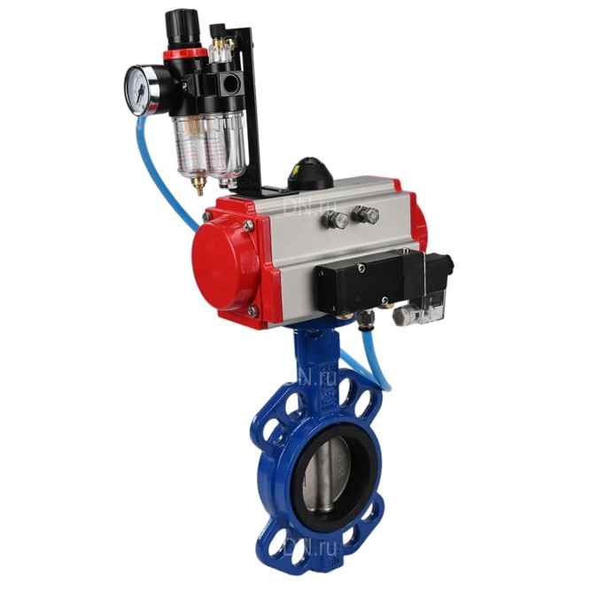 Затвор дисковый поворотный WBV1432E-2W-Fb-H Ду150 Ру16, корпус - чугун GGG50, диск - нержавеющая сталь 316L, уплотнение - EPDM, с пневмоприводом PA-SA-130 с возвратными пружинами, пневмораспределителем 4M310-08 AC220V, БПВ AFC2000 в Перми