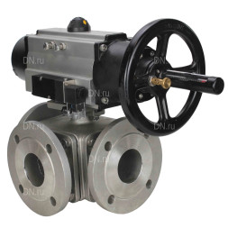 Кран шаровой BV3232P(4pc)-FP-3WL-F Ду100 Ру16 полнопроходной трехходовой, фланцевый, корпус - нержавеющая сталь SS316, с пневмоприводом PA-DA-105-1 двойного действия и пневмораспределителем 4M310-08 DC24V