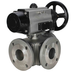 Кран шаровой BV3232P(4pc)-FP-3WL-F Ду100 Ру16 полнопроходной трехходовой, фланцевый, корпус - нержавеющая сталь SS316, с пневмоприводом PA-DA-105-1 двойного действия и пневмораспределителем 4M310-08 DC24V