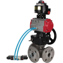Кран шаровой BV3232P(4pc)-FP-3WL-F Ду65 Ру16 полнопроходной трехходовой, фланцевый, корпус - нержавеющая сталь SS316, с пневмоприводом PA-DA-083, пневмораспределителем 4V320-08 AC220V, БКВ APL-510N EX и ручным дублером MON2-450-T28-ISO