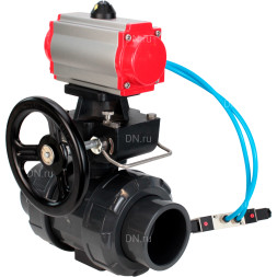 Кран шаровой BV4242E-FP-GRM-ISO Дн20 Ру10 полнопроходной, корпус - НПВХ, шар - НПВХ, уплотнение - EPDM, с пневмоприводом PA-DA-052, пневмораспределителем 4V320-08 AC220V и ручным дублером MON1-250-T26-ISO
