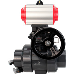 Кран шаровой BV4242E-FP-GRM-ISO Дн20 Ру10 полнопроходной, корпус - НПВХ, шар - НПВХ, уплотнение - EPDM, с пневмоприводом PA-DA-052, пневмораспределителем 4V320-08 AC220V и ручным дублером MON1-250-T26-ISO
