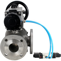 Кран шаровой BV3232P(4pc)-FP-3WL-F Ду100 Ру16 полнопроходной трехходовой, фланцевый, корпус - нержавеющая сталь SS316, с пневмоприводом PA-DA-105-1 двойного действия и пневмораспределителем 4V320-08 AC220V