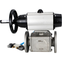 Кран шаровой BV3232P(4pc)-FP-3WL-F Ду100 Ру16 полнопроходной трехходовой, фланцевый, корпус - нержавеющая сталь SS316, с пневмоприводом PA-DA-105-1 двойного действия и пневмораспределителем 4V320-08 AC220V