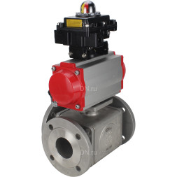 Кран шаровой BV3232P(4pc)-FP-3WL-F Ду40 Ру16 полнопроходной трехходовой, фланцевый, корпус - нержавеющая сталь SS316, с пневмоприводом PA-DA-065 двойного действия, пневмораспределителем 4M310-08 DC24V и БКВ APL-410N EX