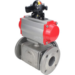 Кран шаровой BV3232P(4pc)-FP-3WL-F Ду25 Ру16 полнопроходной трехходовой, фланцевый, корпус - нержавеющая сталь SS316, с пневмоприводом PA-SA-083 с возвратными пружинами и БКВ APL-210N