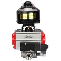 Кран шаровой BV3232P(4pc)-SP-3WL-T-ISO-H 1 1/4″ Ду32 Ру63 стандартнопроходной трехходовой L-тип, нержавеющая сталь SS316, внутренняя резьба, уплотнение - PTFE, с пн.приводом PA-SA-065 пн.распределителем 4M310-08 AC220V БКВ APL-510N-EX