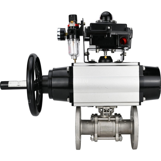 Кран шаровой BV3131P(3pc)-FP-F-ISO-H Ду65 Ру25, трехсоставной полнопроходной фланцевый, нержавеющая сталь SS304, уплотнение - PTFE, с пневмоприводом PA-DA-105-1, с пневмораспределителем 4M310-08 AC220V, с БКВ APL-410N EX, с БПВ AFC2000 в Перми