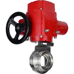 Затвор дисковый поворотный WBV3131E-2W-T-H Ду32 Ру10 резьбовой, корпус - пищевая нержавеющая сталь 304, уплотнение - EPDM, с электроприводом QT-EX-005M-O2-380VAC-У1 с моментной муфтой и штурвалом