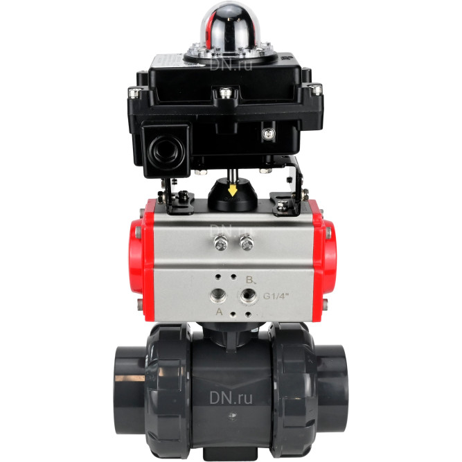 Кран шаровой BV4242E-FP-GRM-ISO Дн32 Ру10 полнопроходной, корпус - НПВХ, шар - НПВХ, уплотнение - EPDM, с пневмоприводом PA-DA-052 и БКВ APL-410N EX в Перми
