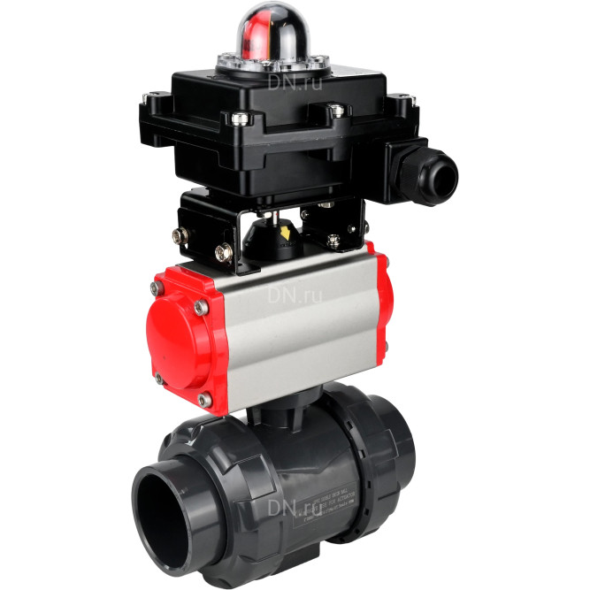 Кран шаровой BV4242E-FP-GRM-ISO Дн40 Ру10 полнопроходной, корпус - НПВХ, шар - НПВХ, уплотнение - EPDM, с пневмоприводом PA-DA-052 и БКВ APL-410N EX в Перми