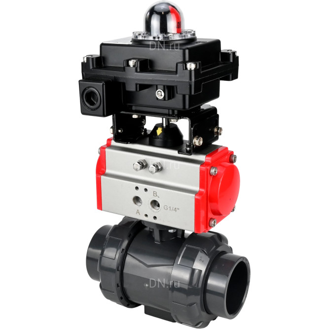 Кран шаровой BV4242E-FP-GRM-ISO Дн40 Ру10 полнопроходной, корпус - НПВХ, шар - НПВХ, уплотнение - EPDM, с пневмоприводом PA-DA-052 и БКВ APL-410N EX в Перми