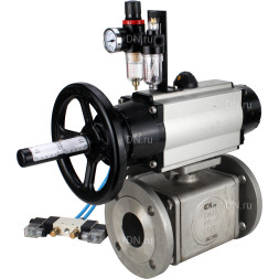 Кран шаровой BV3232P(4pc)-FP-3WL-F Ду100 Ру16 полнопроходной трехходовой, фланцевый, корпус - нержавеющая сталь SS316, с пневмоприводом PA-DA-105-1 двойного действия, пневмораспределителем 4V320-08 AC220V и БПВ AFC2000
