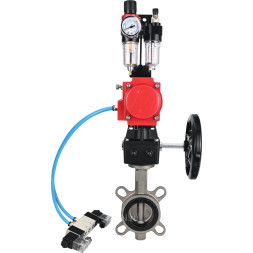 Затвор дисковый поворотный WBV3131N-2W-Fb-H Ду100 Ру16, корпус - нержавеющая сталь 304, диск - нержавеющая сталь 304, NBR, с пневмоприводом PA-DA-083, пневмораспределителем 4V320-10 AC220V, ручным дублером MON2-450-T28-ISO и БПВ AFC2000