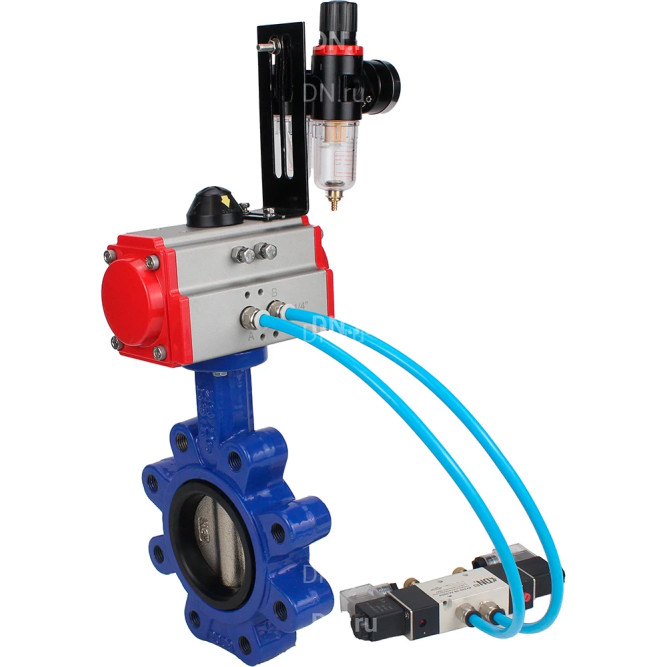 Затвор дисковый поворотный WBV1616E-2W-Fb-H Ду100 Ру16 LUG, корпус - чугун QT450, диск - чугун QT450, уплотнение - EPDM, с пневмоприводом PA-SA-130, пневмораспределителем 4M320-08 AC220V и БПВ AFC2000 в Перми