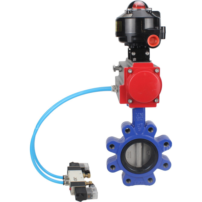 Затвор дисковый поворотный WBV1631E-2W-Fb-H Ду100 Ру16 LUG корпус - чугун QT450, диск - нержавеющая сталь 304, уплотнение - EPDM, с пневмоприводом PA-DA-083, пневмораспределителем 4V320-08 AC220V и БКВ APL-510N EX в Перми