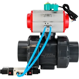 Кран шаровой BV4242E-FP-GRM-ISO Дн25 Ру10 полнопроходной, корпус - НПВХ, шар - НПВХ, уплотнение - EPDM, с пневмоприводом PA-DA-052, пневмораспределителем 4V320-08 AC220V и магнитным переключателем ALS200D