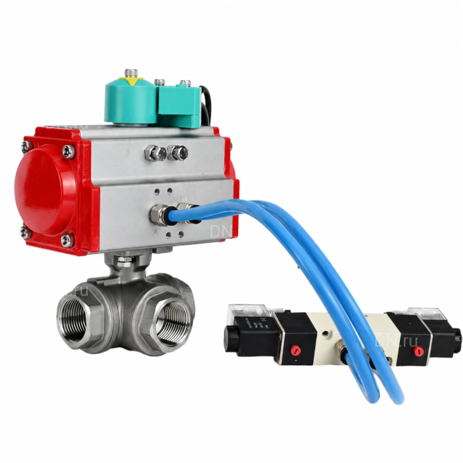 Кран шаровой BV3232P(4pc)-SP-3WT-T-ISO-H WDVF Ду25 Ру63 стандартнопроходной, 3-ходовой Т-тип, внутренняя резьба, нержавеющая сталь AISI 316, с пневмоприводом PA-DA-065, пневмораспределителем 4V320-08 AC220V и магнитным переключателем ALS200D в Перми