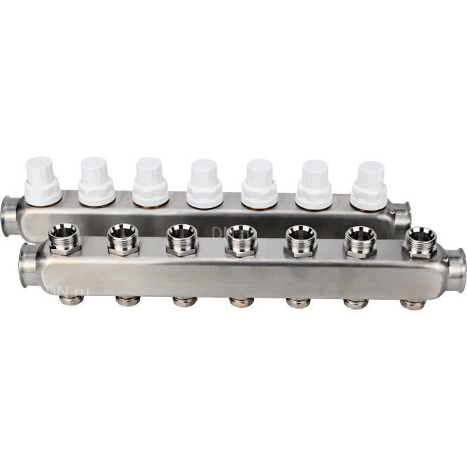 Коллекторная группа GC3-31-7 1″ Ду25 Ру10 отводов — 7, в сборе с терморегулирующими клапанами и запорно-балансировочными клапанами, без переходников, корпус - нержавеющая сталь AISI 304 в Перми