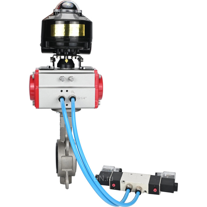 Затвор дисковый поворотный WBV3232N-2W-Fb-H Ду65 Ру16, корпус - нержавеющая сталь 316L, диск - нержавеющая сталь 316L, уплотнение - NBR, с пневмоприводом PA-DA-065 двойного действия, с пневмораспределителем 4V320-10 AC220V, с БКВ APL-510N EX в Перми