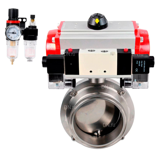Затвор дисковый поворотный кламповый WBV3131E-2W-C-H Ду25 Ру10 корпус - пищевая нержавеющая сталь 304, уплотнение – EPDM, с пневмоприводом PA-DA-065, пневмораспределителем 4V320-10 AC220V и БПВ AFC2000 в Перми