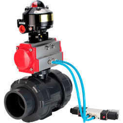 Кран шаровой BV4242E-FP-GRM-ISO Дн100 Ру10 полнопроходной, корпус - НПВХ, шар - НПВХ, уплотнение - EPDM, с пневмоприводом PA-SA-083, пневмораспределителем 4V320-10 AC220V и БКВ APL-510N EX