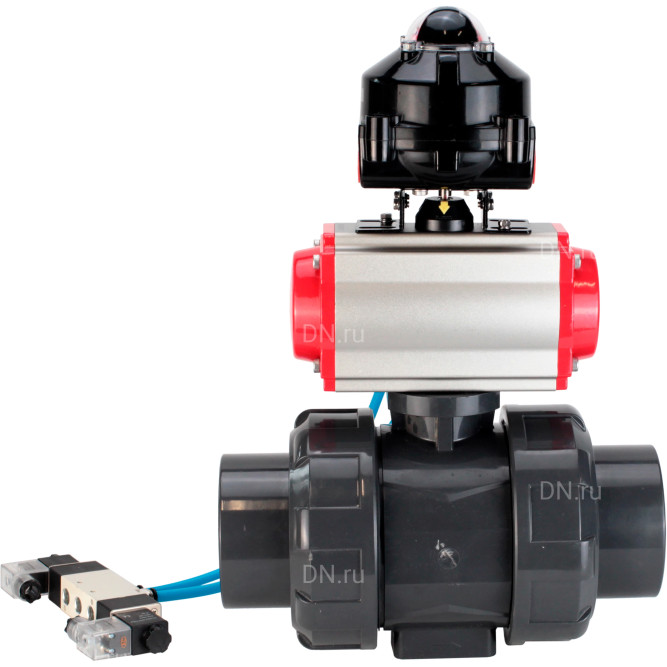 Кран шаровой BV4242E-FP-GRM-ISO Дн100 Ру10 полнопроходной, корпус - НПВХ, шар - НПВХ, уплотнение - EPDM, с пневмоприводом PA-SA-083, пневмораспределителем 4V320-10 AC220V и БКВ APL-510N EX в Перми