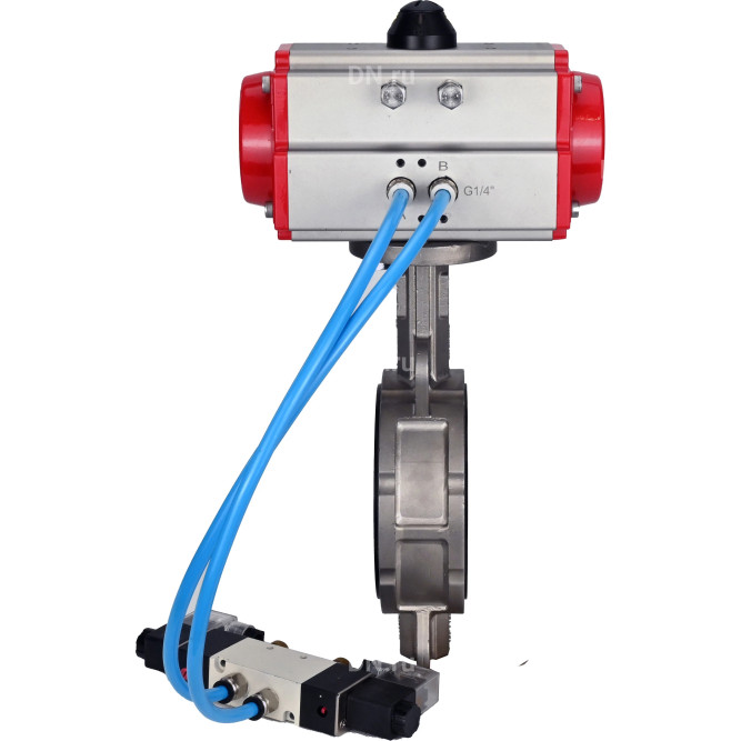 Затвор дисковый поворотный WBV3232V-2W-Fb-H Ду125 Ру16, корпус - нержавеющая сталь 316L, диск - нержавеющая сталь 316L, уплотнение - Viton, с пневмоприводом PA-DA-083 двойного действия, с пневмораспределителем 4V320-10 AC220V в Перми