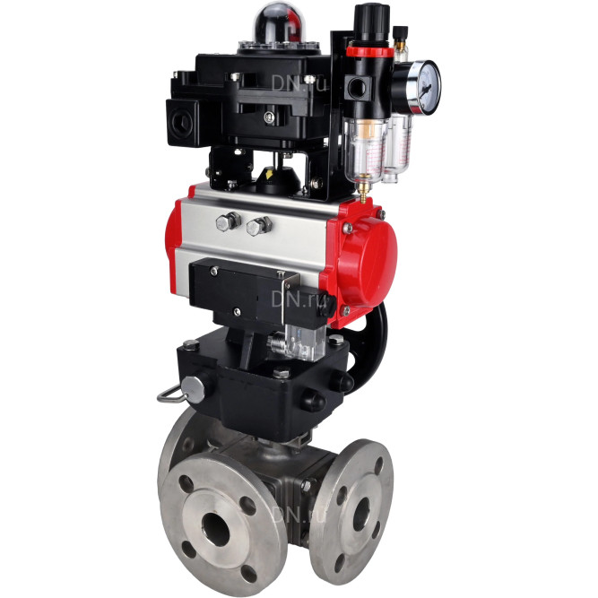 Кран шаровой BV3232P(4pc)-FP-3WL-F Ду40 Ру16 полнопроходной трехходовой, фланцевый, корпус - нержавеющая сталь SS316, с пневмоприводом PA-DA-065, пневмораспределителем 4M310-08 DC24V, БКВ APL-410N EX, ручной дублер MON1-250-T26-ISO и БПВ AFC2000 в Перми