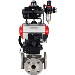 Кран шаровой BV3232P(4pc)-FP-3WL-F Ду40 Ру16 полнопроходной трехходовой, фланцевый, корпус - нержавеющая сталь SS316, с пневмоприводом PA-DA-065, пневмораспределителем 4M310-08 DC24V, БКВ APL-410N EX, ручной дублер MON1-250-T26-ISO и БПВ AFC2000