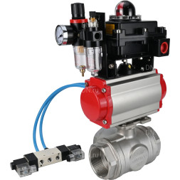Кран шаровой BV3232P(4pc)-SP-3WL-T-ISO-H Ду10 Ру63, стандартнопроходной, четырехсоставной, нержавеющая сталь 316, PTFE, внутренняя резьба, с пневмоприводом PA-SA-052, пневмораспределителем 4V320-10 AC220V, БКВ APL-410N Ex, БПВ AFC2000
