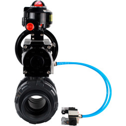 Кран шаровой BV4242E-FP-GRM-ISO Дн25 Ру10 полнопроходной, корпус - НПВХ, шар - НПВХ, уплотнение - EPDM, с пневмоприводом PA-DA-105-1, пневмораспределителем 4V320-10 AC220V и БКВ APL-510N EX