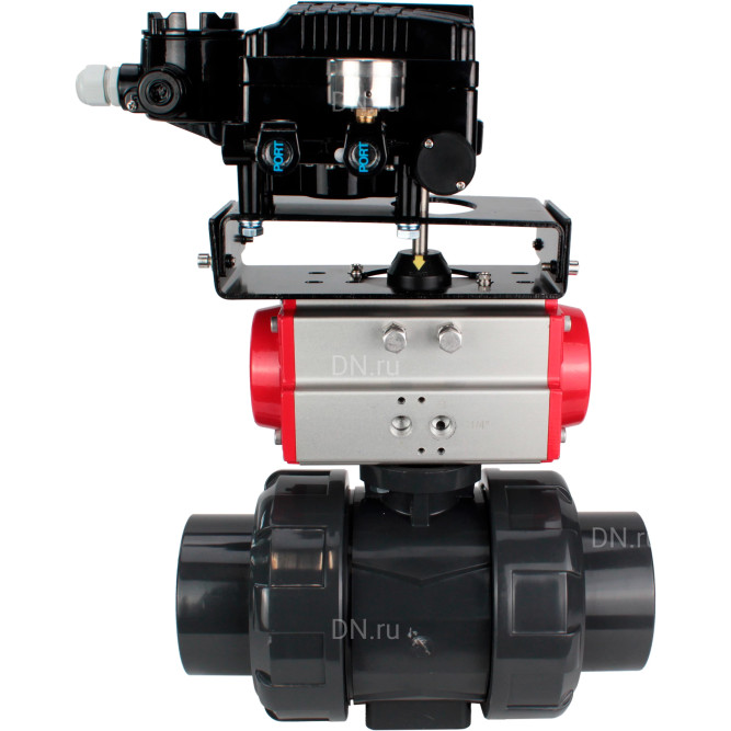Кран шаровой BV4242E-FP-GRM-ISO Дн25 Ру10 полнопроходной, корпус - НПВХ, шар - НПВХ, уплотнение - EPDM, с пневмоприводом PA-DA-052 и пневмопозиционером YT-1000RSN с обратной связью в Перми