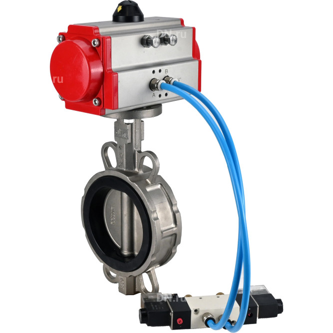 Затвор дисковый поворотный WBV3232N-2W-Fb-H Ду150 Ру16, корпус - нержавеющая сталь 316L, диск - нержавеющая сталь 316L, уплотнение - NBR, с пневмоприводом PA-DA-130 и пневмораспределителем 4V320-10 AC220V в Перми