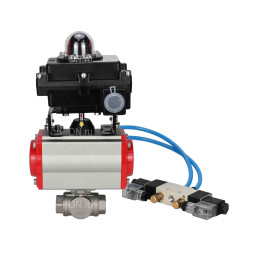 Кран шаровой BV3232P(4pc)-SP-3WL-T-ISO-H Ду65 Ру40, стандартнопроходной, четырехсоставной, корпус - нержавеющая сталь 316, уплотнение - PTFE, внутренняя резьба, с пневмоприводом PA-DA-083, пневмораспределителем 4V320-08 AC220V, БКВ APL-410N Ex