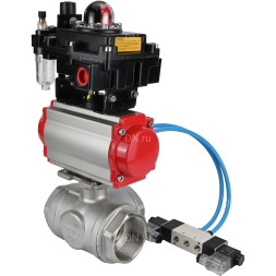 Кран шаровой BV3232P(4pc)-SP-3WL-T-ISO-H Ду40 Ру63, стандартнопроходной, четырехсоставной, нержавеющая сталь 316, PTFE, внутренняя резьба, с пневмоприводом PA-SA-083, пневмораспределителем 4V320-10 AC220V, БКВ APL-410N Ex, БПВ AFC2000