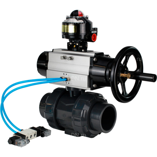 Кран шаровой BV4242E-FP-GRM-ISO Дн40 Ру10 полнопроходной, корпус - НПВХ, шар - НПВХ, уплотнение - EPDM, с пневмоприводом PA-DA-105-1, пневмораспределителем 4V320-10 AC220V и БКВ APL-510N EX в Перми