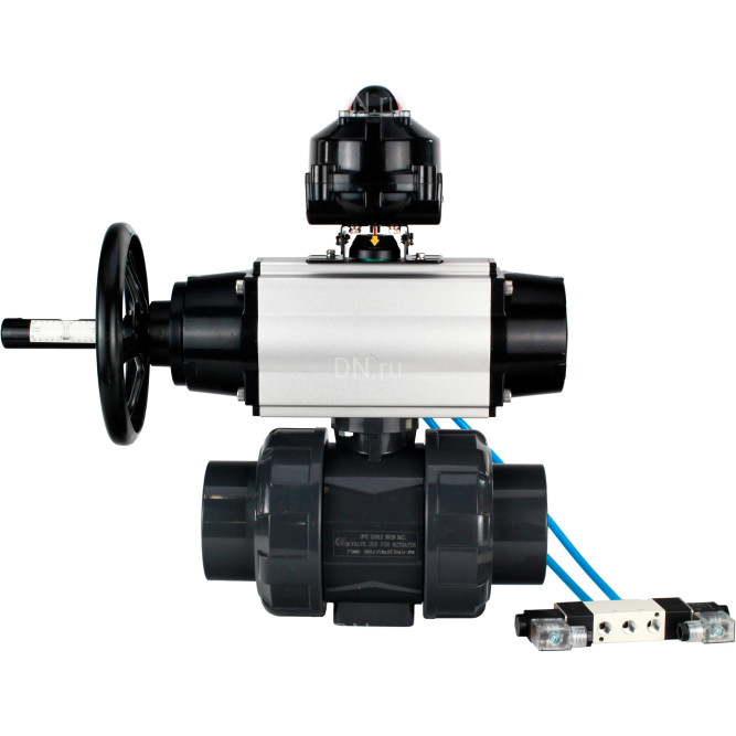 Кран шаровой BV4242E-FP-GRM-ISO Дн40 Ру10 полнопроходной, корпус - НПВХ, шар - НПВХ, уплотнение - EPDM, с пневмоприводом PA-DA-105-1, пневмораспределителем 4V320-10 AC220V и БКВ APL-510N EX в Перми