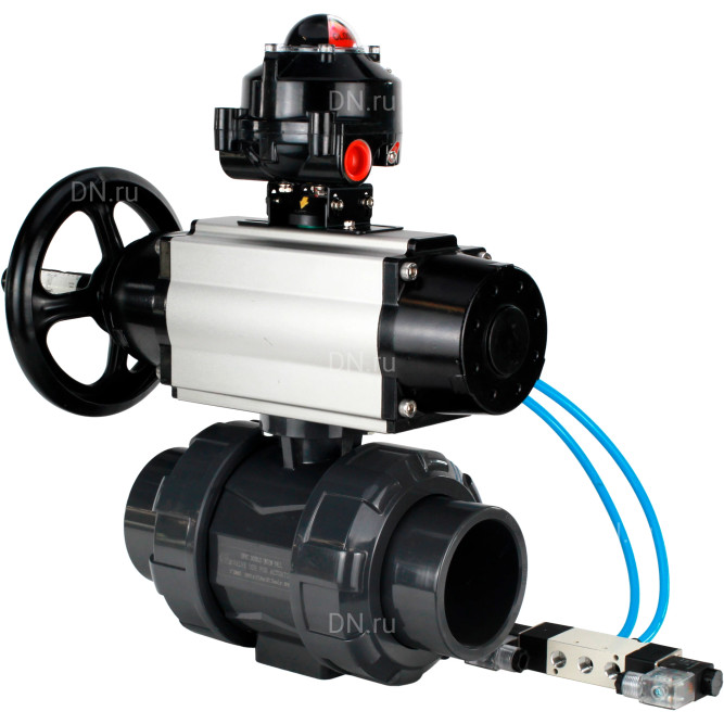 Кран шаровой BV4242E-FP-GRM-ISO Дн40 Ру10 полнопроходной, корпус - НПВХ, шар - НПВХ, уплотнение - EPDM, с пневмоприводом PA-DA-105-1, пневмораспределителем 4V320-10 AC220V и БКВ APL-510N EX в Перми