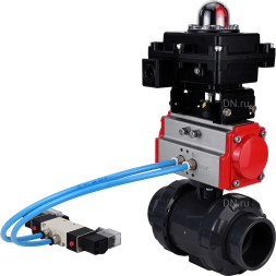 Кран шаровой BV4242E-FP-GRM-ISO Дн40 Ру10 полнопроходной, корпус - НПВХ, шар - НПВХ, уплотнение - EPDM, с пневмоприводом PA-DA-052, пневмораспределителем 4V320-08 AC220V и БКВ APL-410N EX