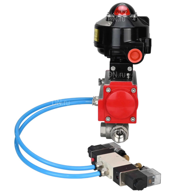 Кран шаровой BV3232P(4pc)-SP-3WL-T-ISO-H 2″ Ду50 Ру63 стандартнопроходной трехходовой L-тип, нержавеющая сталь SS316, внутренняя резьба, уплотнение - PTFE, с пн.приводом PA-SA-083 пн.распределителем 4V320-08 AC220V БКВ APL-510N-EX в Перми