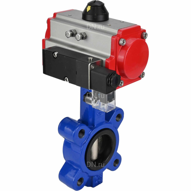 Затвор дисковый поворотный WBV1616N-2W-Fb-H Ду125 Ру16 LUG корпус - чугун QT450, диск - чугун QT450, уплотнение - NBR, с пневмоприводом PA-SA-140 и пневмораспределителем 4M310-08 DC24V в Перми