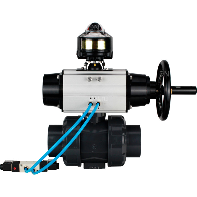 Кран шаровой BV4242E-FP-GRM-ISO Дн65 Ру10 полнопроходной, корпус - НПВХ, шар - НПВХ, уплотнение - EPDM, с пневмоприводом PA-DA-105-1, пневмораспределителем 4V320-10 AC220V и БКВ APL-510N EX в Перми