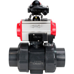 Кран шаровой BV4242E-FP-GRM-ISO Дн40 Ру10 полнопроходной, корпус - НПВХ, шар - НПВХ, уплотнение - EPDM, с пневмоприводом PA-SA-065, пневмораспределителем 4M310-08 DC24V и БКВ APL-210N
