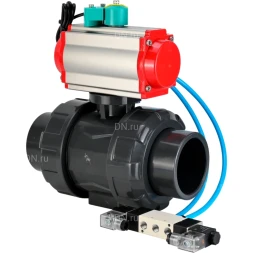 Кран шаровой BV4242E-FP-GRM-ISO Дн65 Ру10 полнопроходной, корпус - НПВХ, шар - НПВХ, уплотнение - EPDM, с пневмоприводом PA-SA-065, пневмораспределителем 4V320-08 AC220V и магнитным переключателем ALS200D