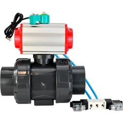 Кран шаровой BV4242E-FP-GRM-ISO Дн65 Ру10 полнопроходной, корпус - НПВХ, шар - НПВХ, уплотнение - EPDM, с пневмоприводом PA-SA-065, пневмораспределителем 4V320-08 AC220V и магнитным переключателем ALS200D