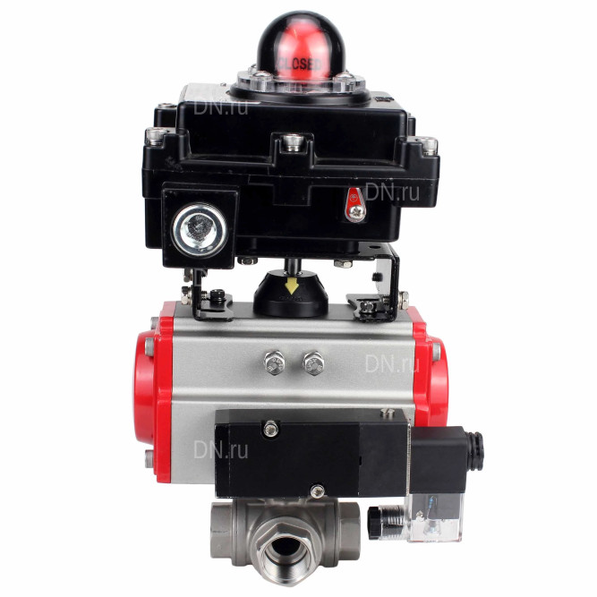 Кран шаровой BV3232P(4pc)-SP-3WL-T-ISO-H Ду32 Ру63 стандартнопроходной трехходовой L-тип, нержавеющая сталь SS316, внутренняя резьба, PTFE, пн.приводом PA-SA-065, пн.распределителем 4M310-08 DC24V и БКВ APL-410N EX в Перми