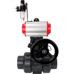 Кран шаровой BV4242E-FP-GRM-ISO Дн100 Ру10 полнопроходной, корпус - НПВХ, шар - НПВХ, уплотнение - EPDM, с пневмоприводом PA-DA-065, пневмораспределителем 4V320-08 AC220V, ручным дублером MON1-250-T26-ISO и БПВ AFC2000