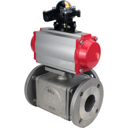 Кран шаровой BV3232P(4pc)-FP-3WL-F Ду20 Ру16 полнопроходной трехходовой, фланцевый, корпус - нержавеющая сталь SS316, с пневмоприводом PA-DA-052 двойного действия, пневмораспределителем 4V320-10 AC220V и БКВ APL-210N
